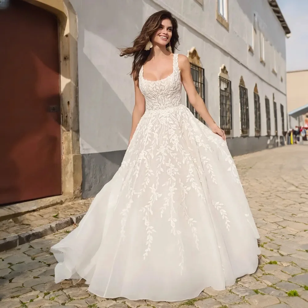 

Appliques Vestido De Noiva Elegant Square Collar Vestidos De Novia Open Back Sleeveless A-Line Plus Size Wedding Dress