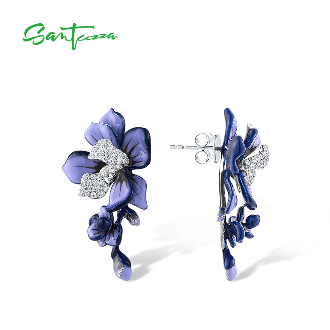 SANTUZZA Real 925 Sterling Silver Stud Earrings For Women Sparkling Purple & White Enamel Flower Trendy Wedding Fine Jewelry