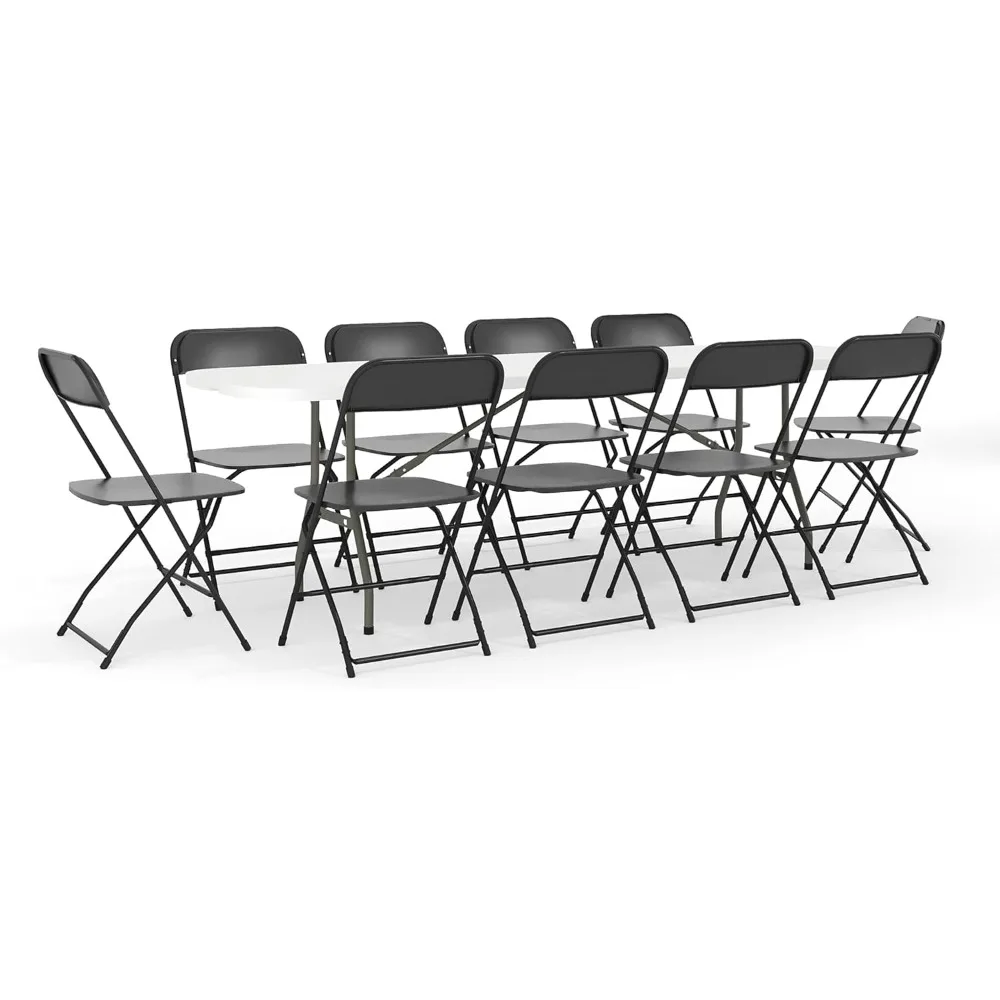 8' Plastic Bi-Fold Training Table Set with 10 Folding Chairs, 11-Piece Rectangular Folding Training Table and Chairs Set, White