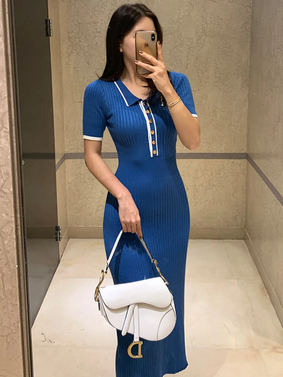 Korean Fashion Knit Sweater Dress Women Summer Ribbed Contrast Short Sleeve Lapel Knitted Black Dress Ladies Long Dresses