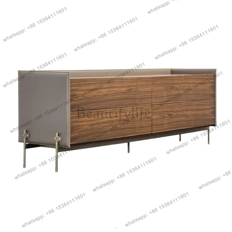 Italian bedside table hotel solid wood dining side walnut saddle leather bedside table light luxury style
