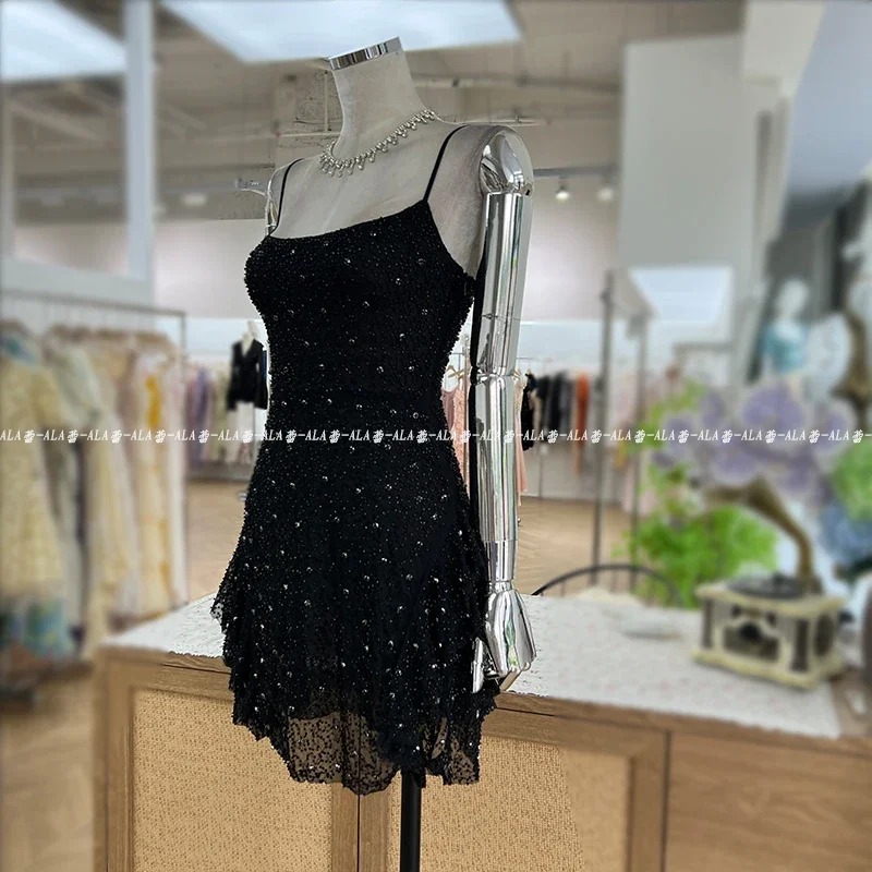 Summer Dinner Dress 2024 New Trendy High-End Custom Beading Sexy Suspenders Dresses Kawaii Y2k Clothes Black Slimming Vestidos