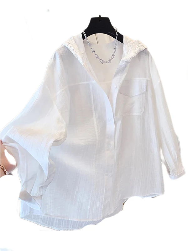 Weiße Spitze mit Kapuze IRT Damen Sommer lässig dünn lang Sve Sonnenschutz Loose Fit Top Vintage Pendeln Sle Button Detail