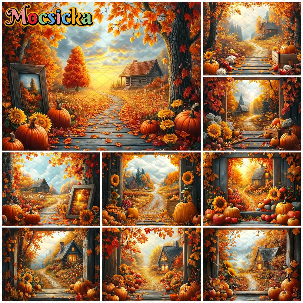 Mocsicka Autumn Photography Background Harvest Yellow Tree Leaf Sunflower Decoration Fall Pumpkin Party Photo Backdrop Wallpaper