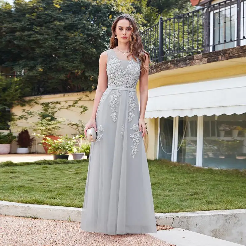 Geburtstagsgeschenk auf Lager, elegantes Tüll-Abschlussballkleid, Applikationen, Perlen, Abendkleid, V-Ausschnitt, Brautjungfernkleid, Vestidos De Fiesta