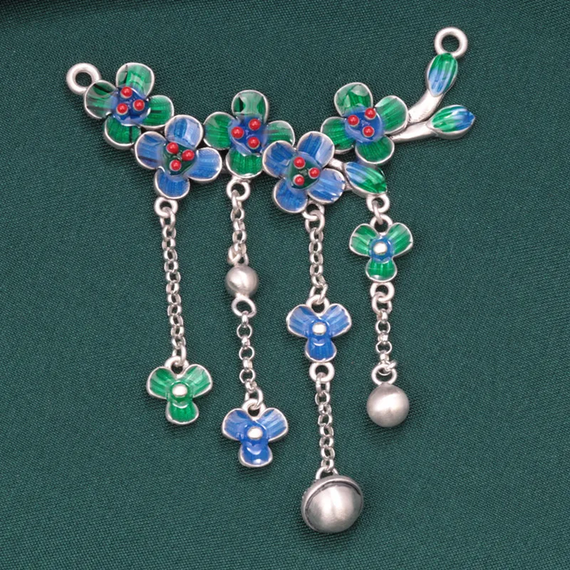 925 Sterling Silver Enamel Flower Branch Long Tassel Pendant Choker Retro Ethnic Style Collar Pendant DIY Material Jewelry DZ020