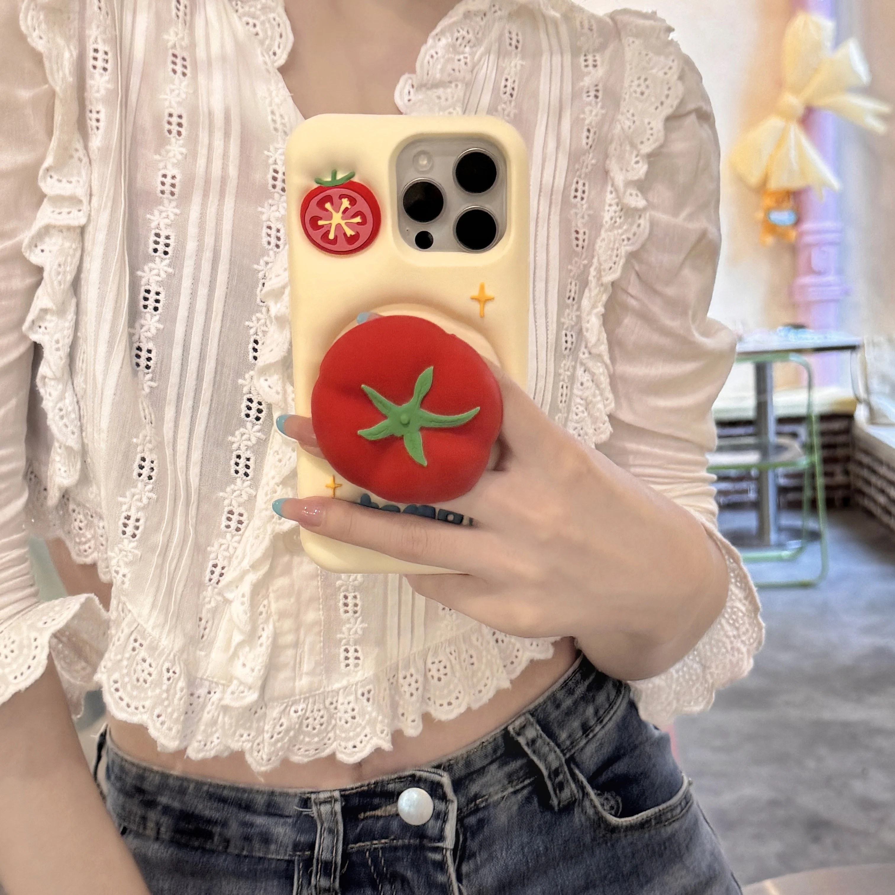 

Telescoping Bracket For iPhone 17Pro Max 12 13 14 15 16 Promax 3D Cute Cartoon Tomato, Soft Silicone Phone Case Back Cover Skin