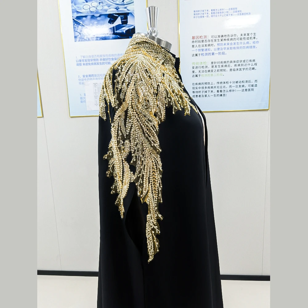 Vestido de noche elegante de Arabia Saudita para mujer, lujoso vestido negro de cuello alto con bordado dorado, largo hasta el suelo, fiesta de graduación