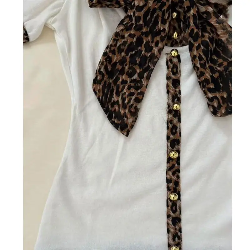 Aesthetic Vintage Leopard Print Hot Girl T-Shirts Women Design Y2k Short Sleeve O-neck Slim Tops Retro Casual Summer Clothing