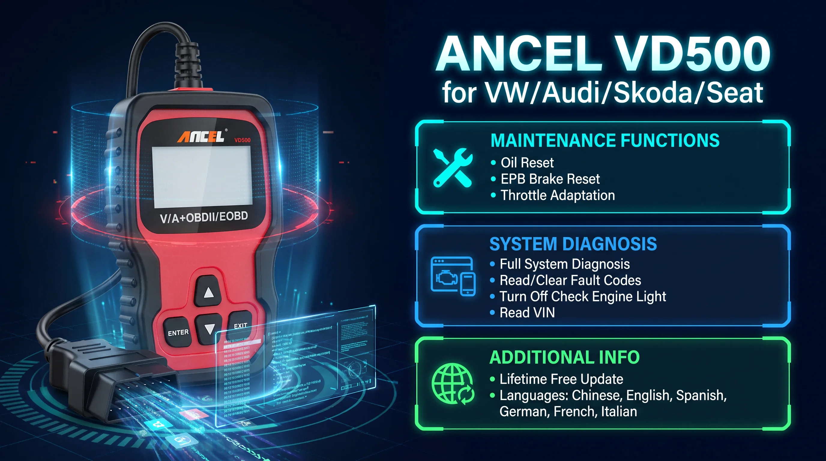 ANCEL VD500 OBD2 Scanner Auto-Diagnosegerät Vollsystem-Scan Codeleser für VW Audi Skoda Seat Ölrückstellung EPB Drosselklappen-Anpassung – Detail 1