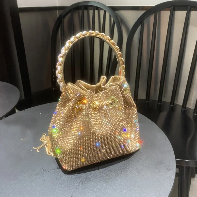 

Designer Bag Handle Crystal Bucket Bag Luxury Designer Handbags Rhinestone Chain Wedding Party Bag