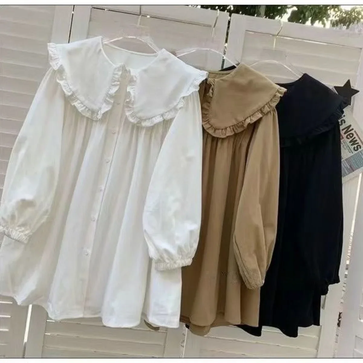 Damenhemden, einfarbig, mit langen Puffärmeln, Peter-Pan-Kragen, koreanischer Stil, modische Oberteile, Retro-Damenbluse, schlicht, lässig, vielseitig kombinierbar. – Detail 5