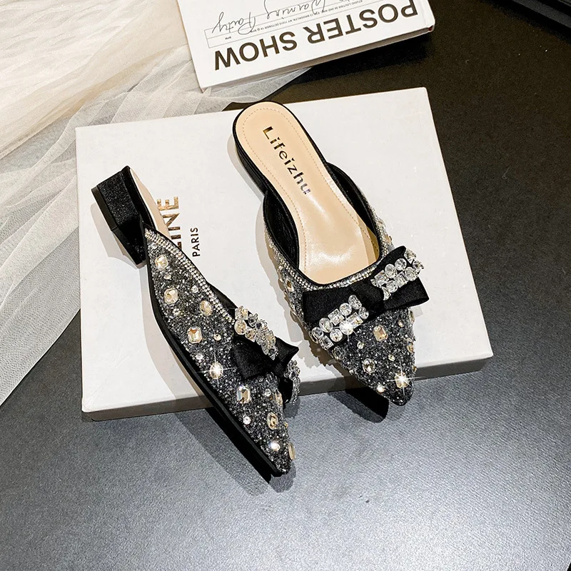 Summer New Shoes for Women Slipper Girl Crystal Bowknot Outdoor Bling Casual Sandals Girl Heels Mules Shoes