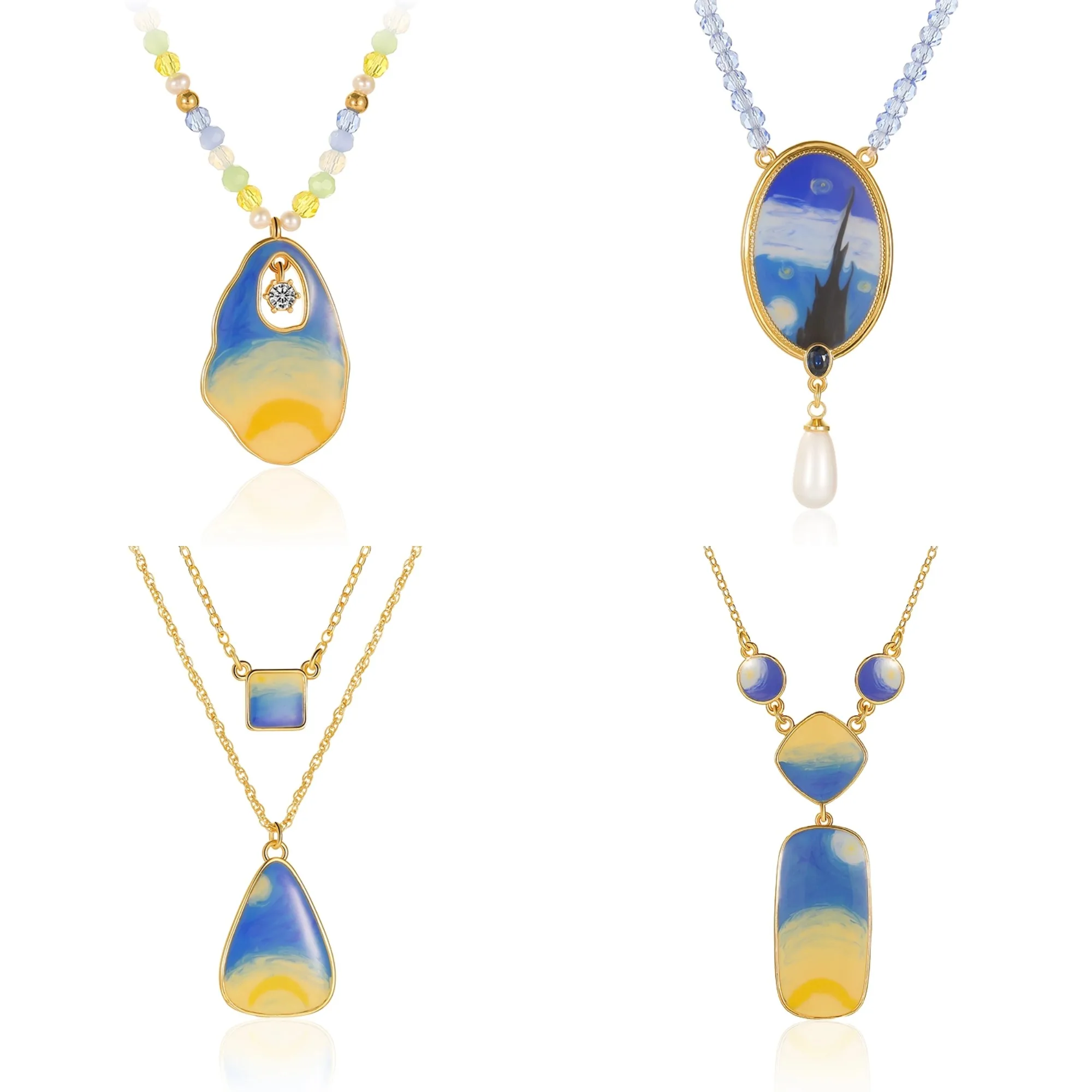 Girls Fashion Enamel Necklace Blue Starry Night Art Design Van Gogh Monet Sunflower Series Inspired Accessories