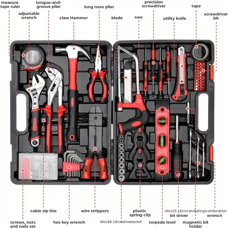 218pcs Home Tool Kit in Festive Red & Black - Includes Hammer, Saw, Screwdrivers, Wrenches More with Durable Plastic/Metal Case