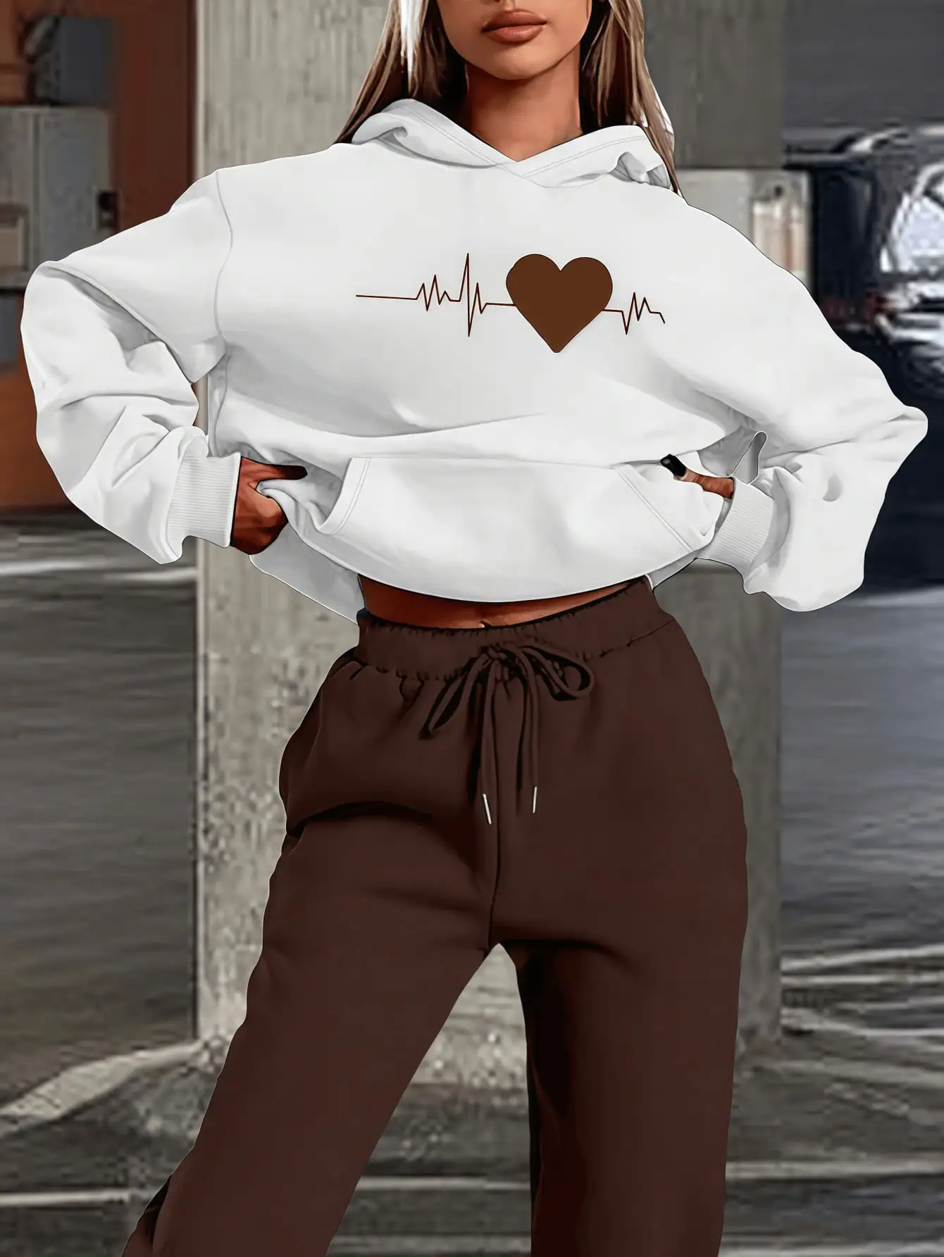 

Women's Cropped Hoodie with Heartbeat Graphic Print, Loose Fit, Autumn Winter Casual Wear