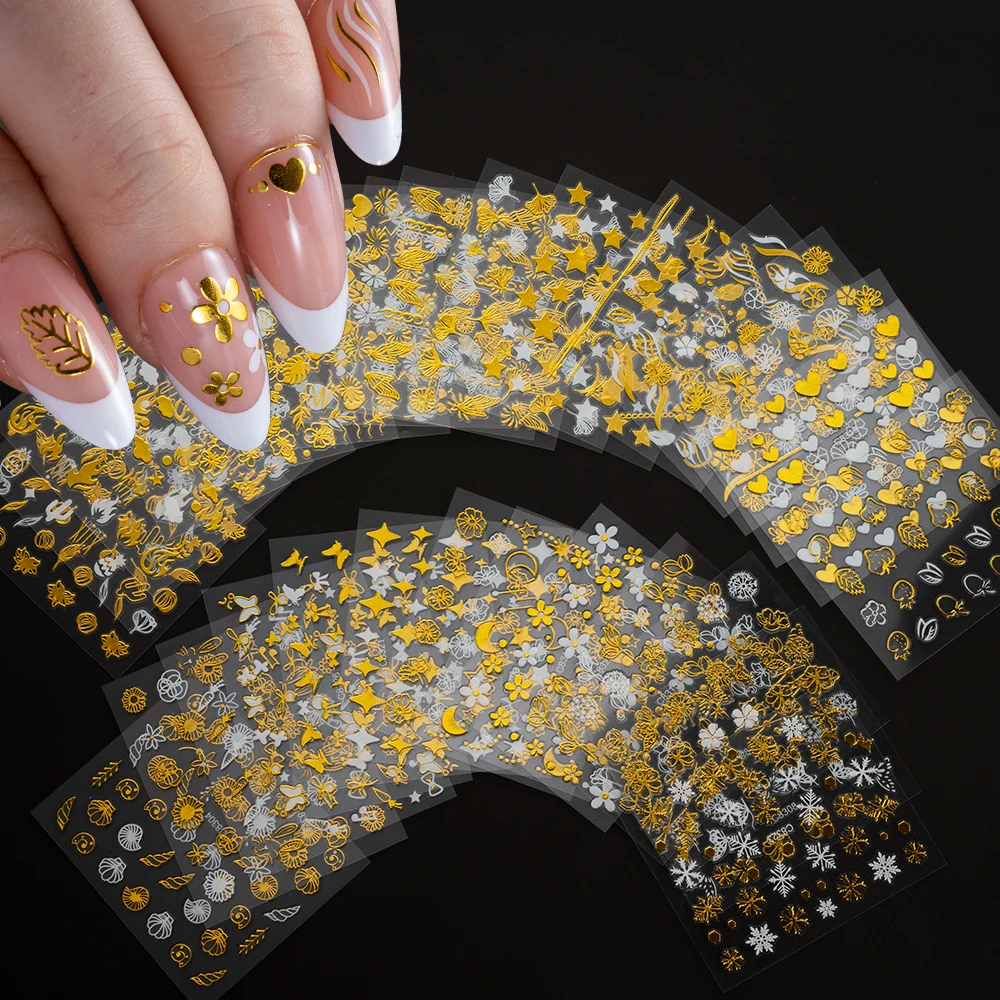 30pcs/Set Gold White Starburst/Pentagram 3D Nail Sticker Summer Leaves Flowers Geometrics Lines French Sticker DIY Nail Decors *