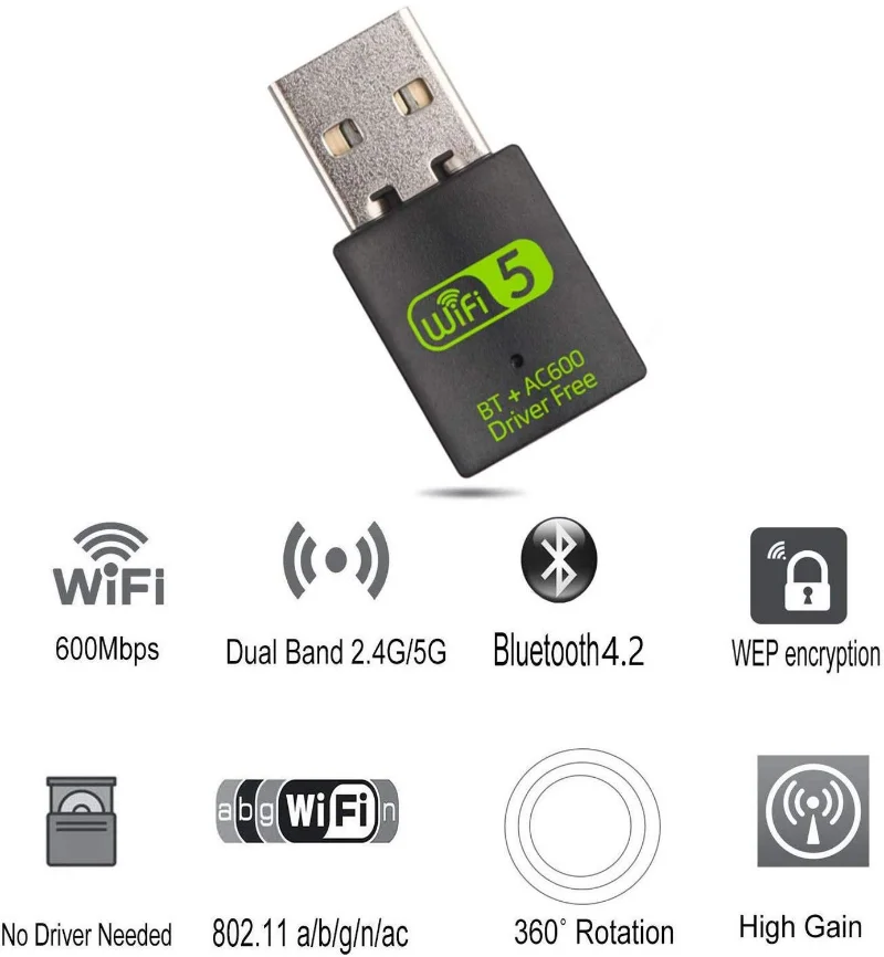 USB Wifi Dongle USB 2.0 wifi Adapter with BT wireless WIFI Receiver 600Mbps 2.4G 5G Free Driver Wifi Network Card For Computer