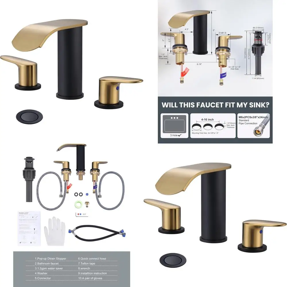 

8 Widespread 3-Hole Black & Gold Bathroom Sink Faucet with Pop-Up Drain and Supply Lines