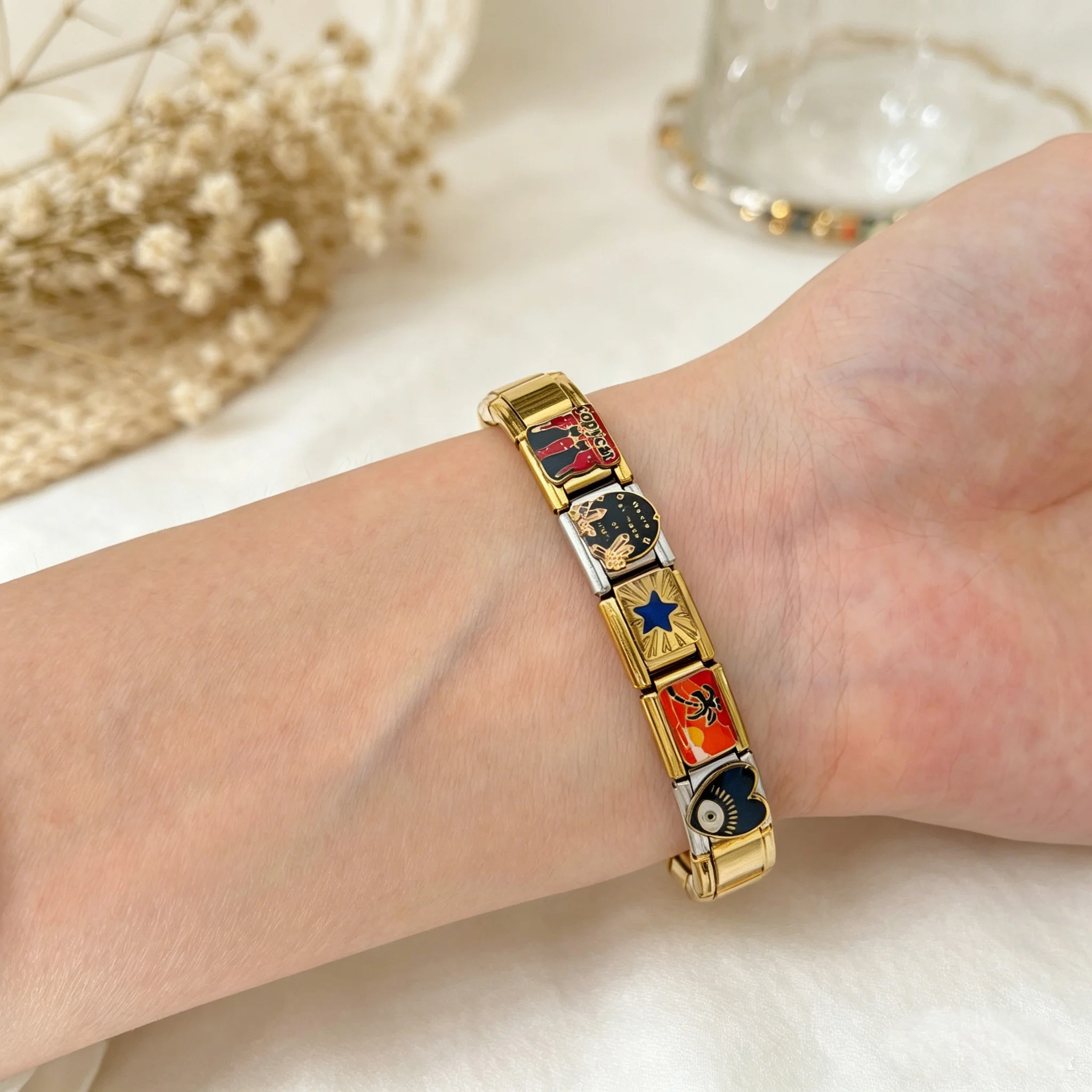 

Italian Charm Bracelet Gold Plated Stainless Steel 9mm Modular Link with Enamel Eye Star Charms Personalized Jewelry for Women