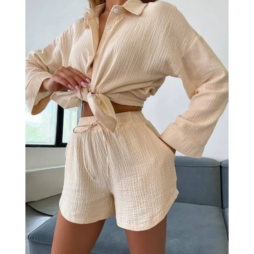 Casual Women's Pajamas Long Sleeve Commuter Shirt Shorts Home Suit Sleepwear Blouse Pajamas Sets Korean Style Solid Lingerie
