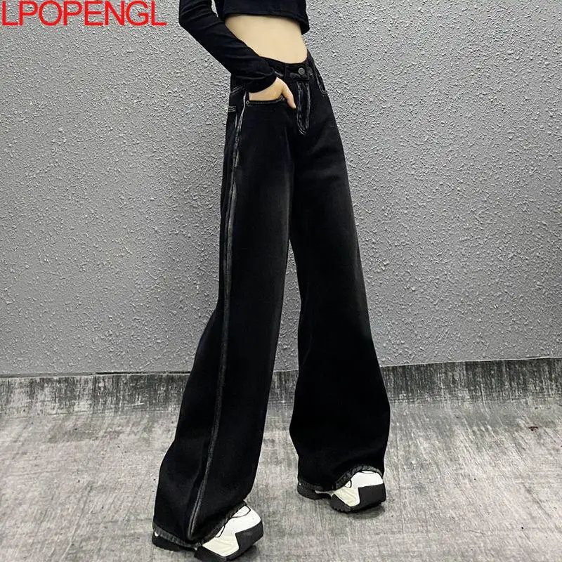 Personalized Side Color-blocked Casual Jeans For Women 2025 Spring High-waisted Loose Denim Trousers Straight Wide-leg Pants