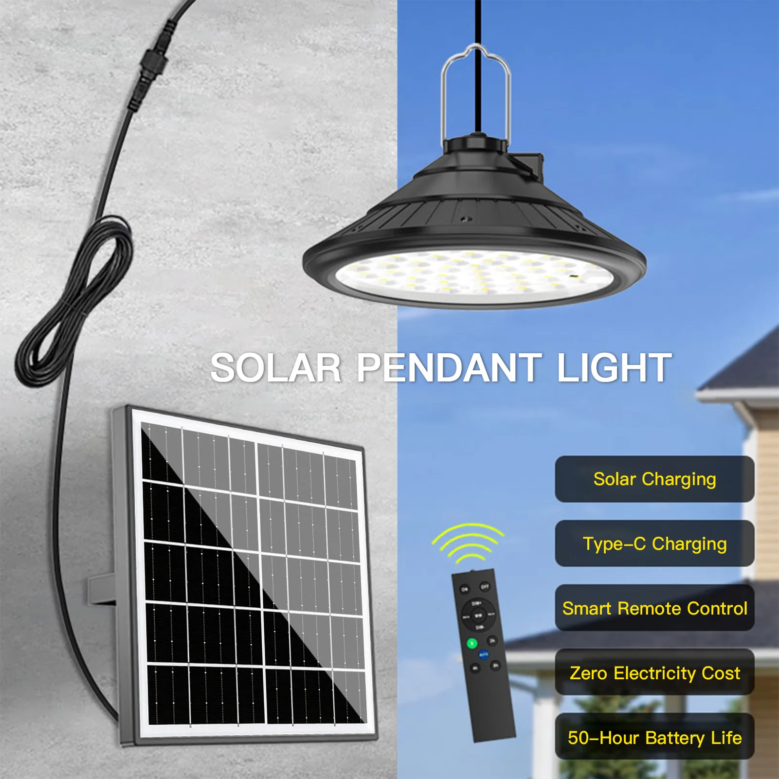 Solar Outdoor Light Pendant Light with Remote Control Dimmable Hanging Lamp Adjustable Color Temperature Auto On/Off IP66