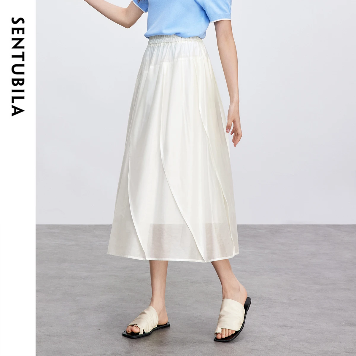 SENTUBILA Lyocell Irregular Women's Skirts 2026 New A-line Midi Solid Color Cozy Elastic Waist Female Long Skirt 152Q87877