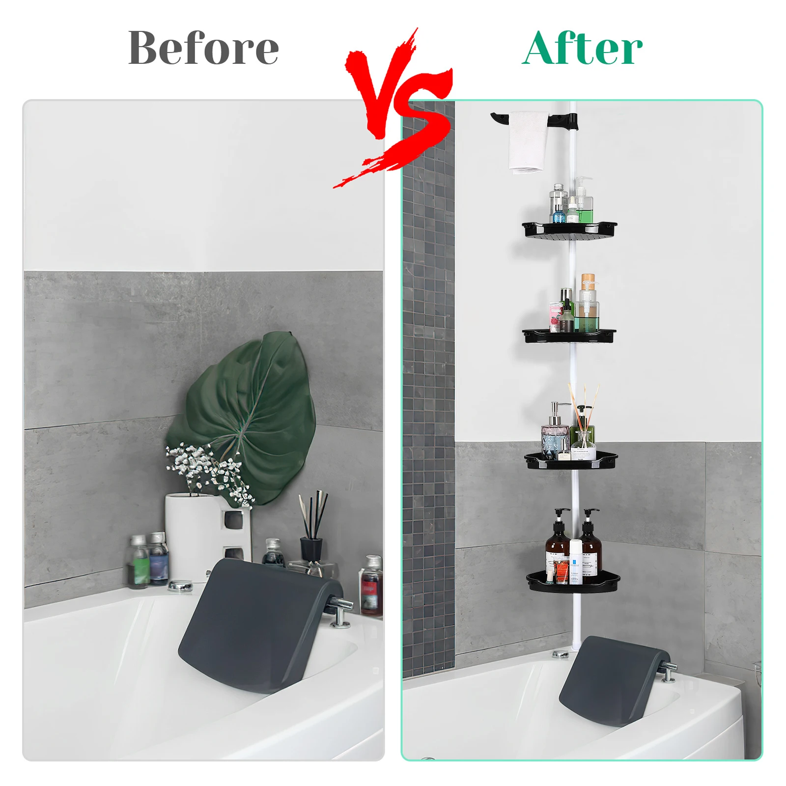 4 Tier Tension Corner Shower Caddy, Telescopic Shower Shelf No Drill Bathroom Corner Storage Organizer with Towel Bar, Rustproof Shower Rack for Bathtub