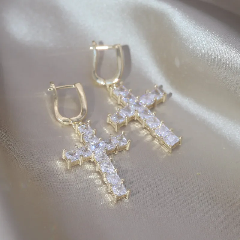 South Korea New Design Fashion Jewelry Luxury Zircon Cross Pendant Earrings Elegant Women\'s Party Accessories