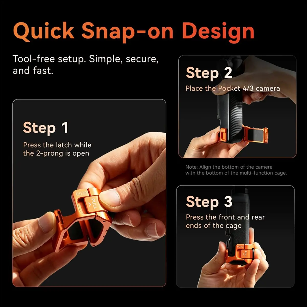 A32I  Metal Camera Cage for Pocket 4 3, 2-Prong & 1/4 Inch Thread Cold Shoe Anti-Slip Utility Frame for Pocket 4/3 Gray