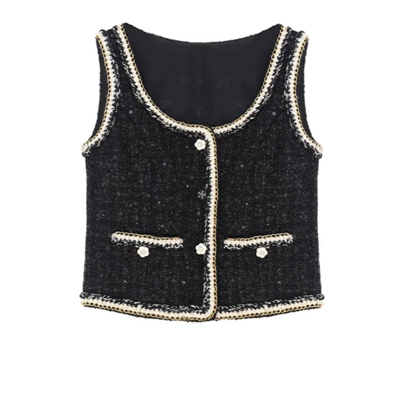 

Round Neck Black Shiny Small Fragrance Sweet Vest Female New Fashion High Quality French Lady Tweed Sleeveless Jacket