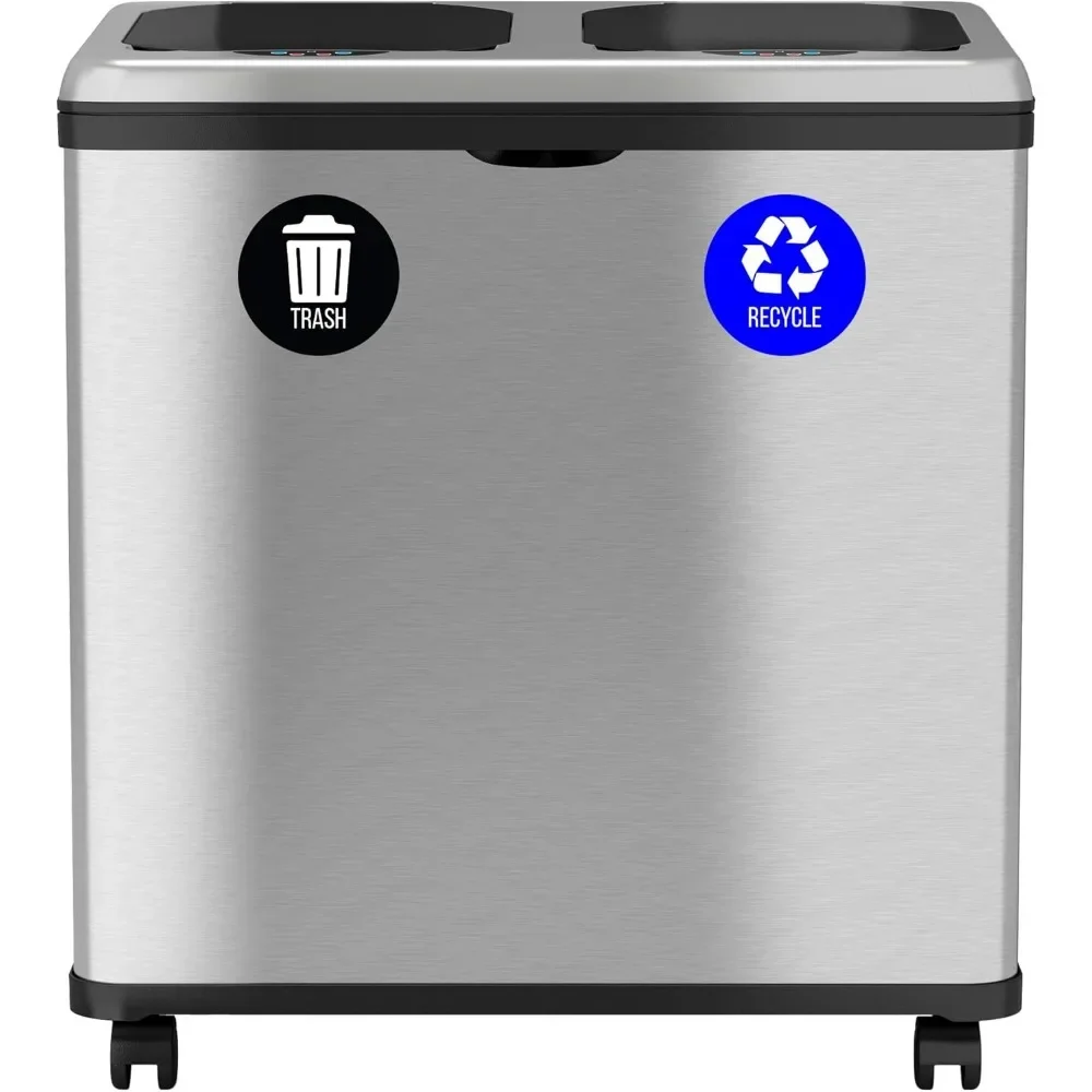 Cubo de basura y reciclaje combinado de acero inoxidable de 16 galones con calcomanías, doble compartimento (8 galones cada uno), 60 litros de basura de cocina