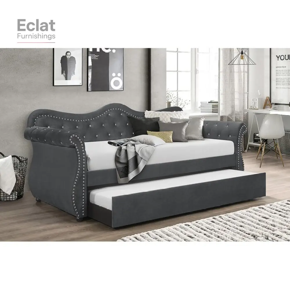 

Abby Upholstered Velvet Wood Daybed with Trundle in Gray, home furniture, living room furniture, sofa set living room furniture,