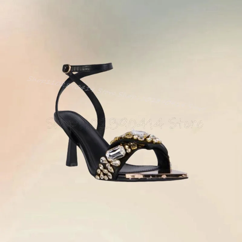 Crystal Decor Black Cut Heel Open Toe Sandals Ankle Buckle Strap Women Shoes Thin High Heels Fashion 2024 Zapatos Para Mujere