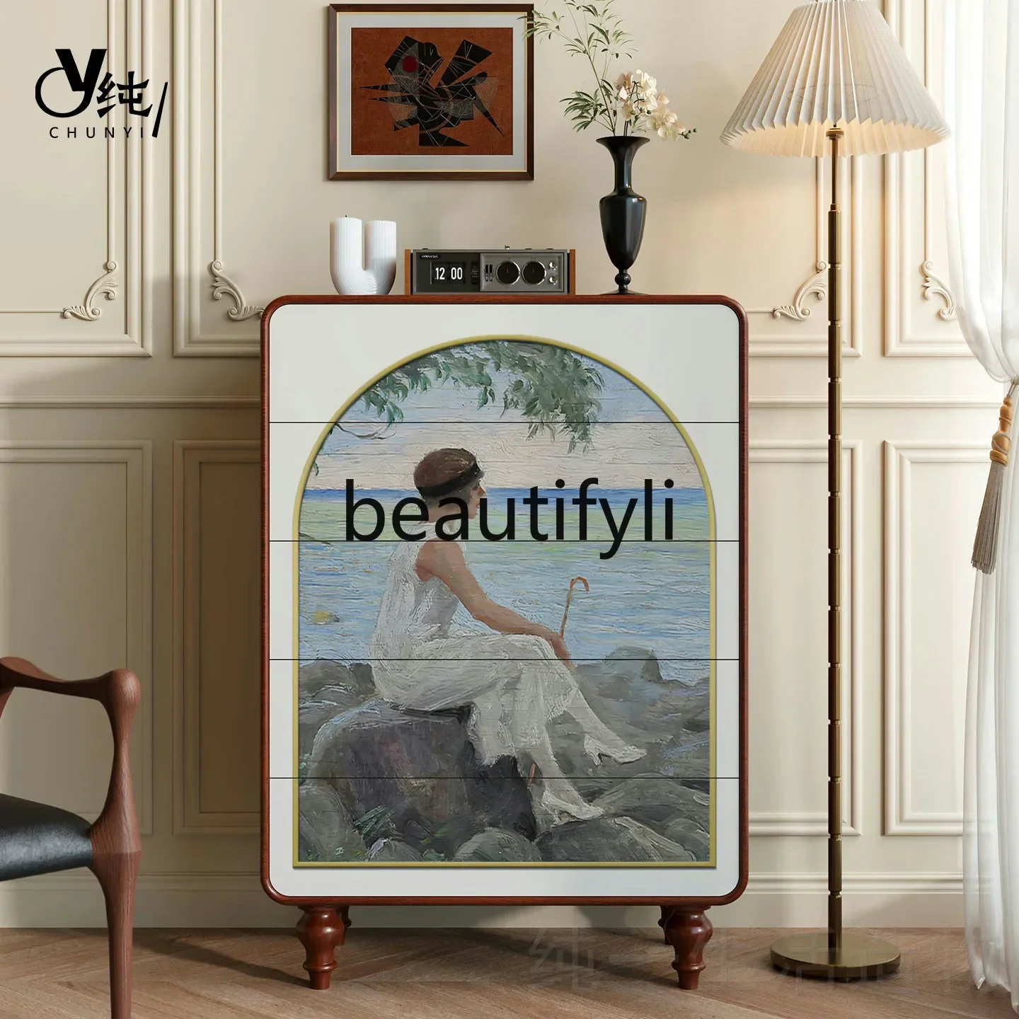 A32 Decorative Cabinet French Retro Living Room Solid Wood Five-Drawer Cabinet Bedside Storage Cabinet