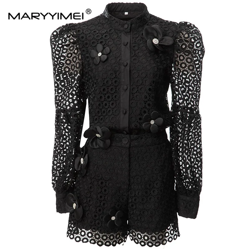 MARYYIMEI Fashion Designer  Women's Lantern Sleeved Mesh Splicing Single-Breasted tops+Appliques Beading shorts 2 Pieces Set