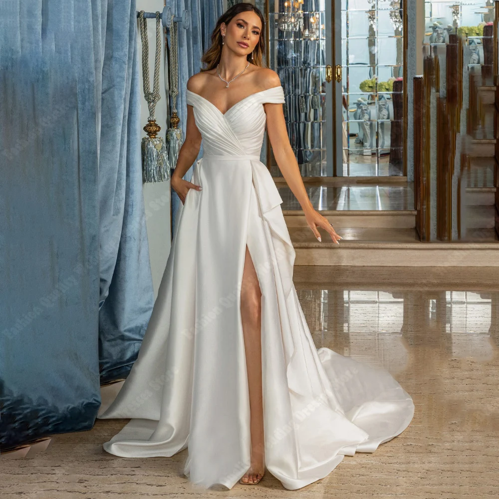 Minimalist Satin Surface Women Wedding Dresses A-Line Bridal Gowns Beautiful Sexy High Split Princess Ball Vestido De Novia 2024