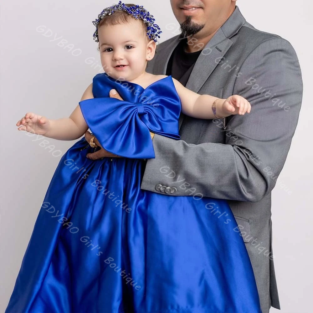 Vestido de fiesta azul real para niñas, vestido de baile de un hombro, vestido de princesa para cumpleaños con tren, vestido personalizado de flores para boda para niños de 2 a 14 años