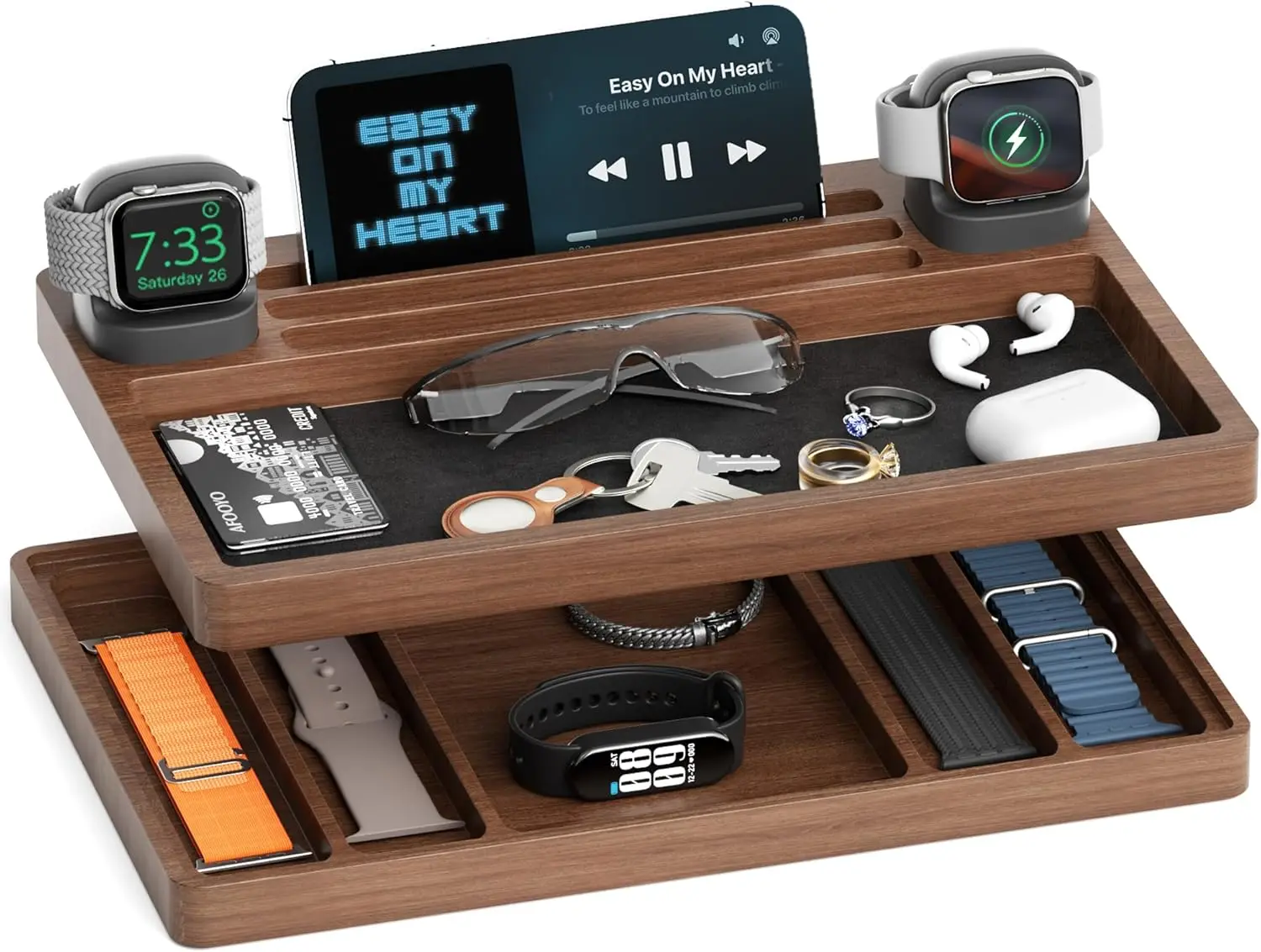

2-Tier Wooden Watch Band Organizer and Charger Stand for Apple Watch, Stackable Storage Tray in Walnut
