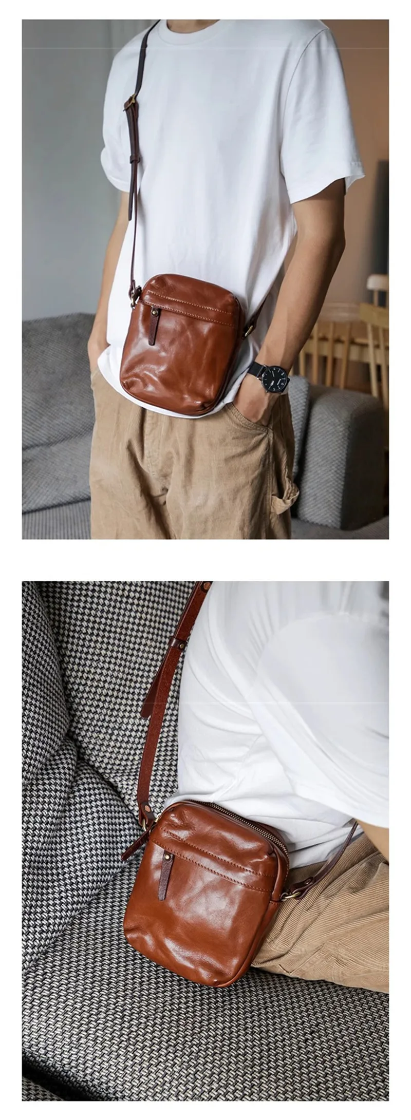 PNDME Einfache Vintage Luxus Echtleder Herren-Umhängetasche Outdoor Wochenend- und Alltagstasche aus natürlichem Rindsleder Handy-Umhängetasche – Detail 7