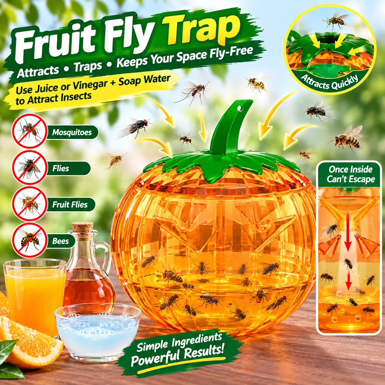 2PCS Pumpkin Shaped Fly Trap Hanging Fruit Fly Gnat Catcher Indoor Outdoor Insect Pest Control Trap for Home Kitchen Garden