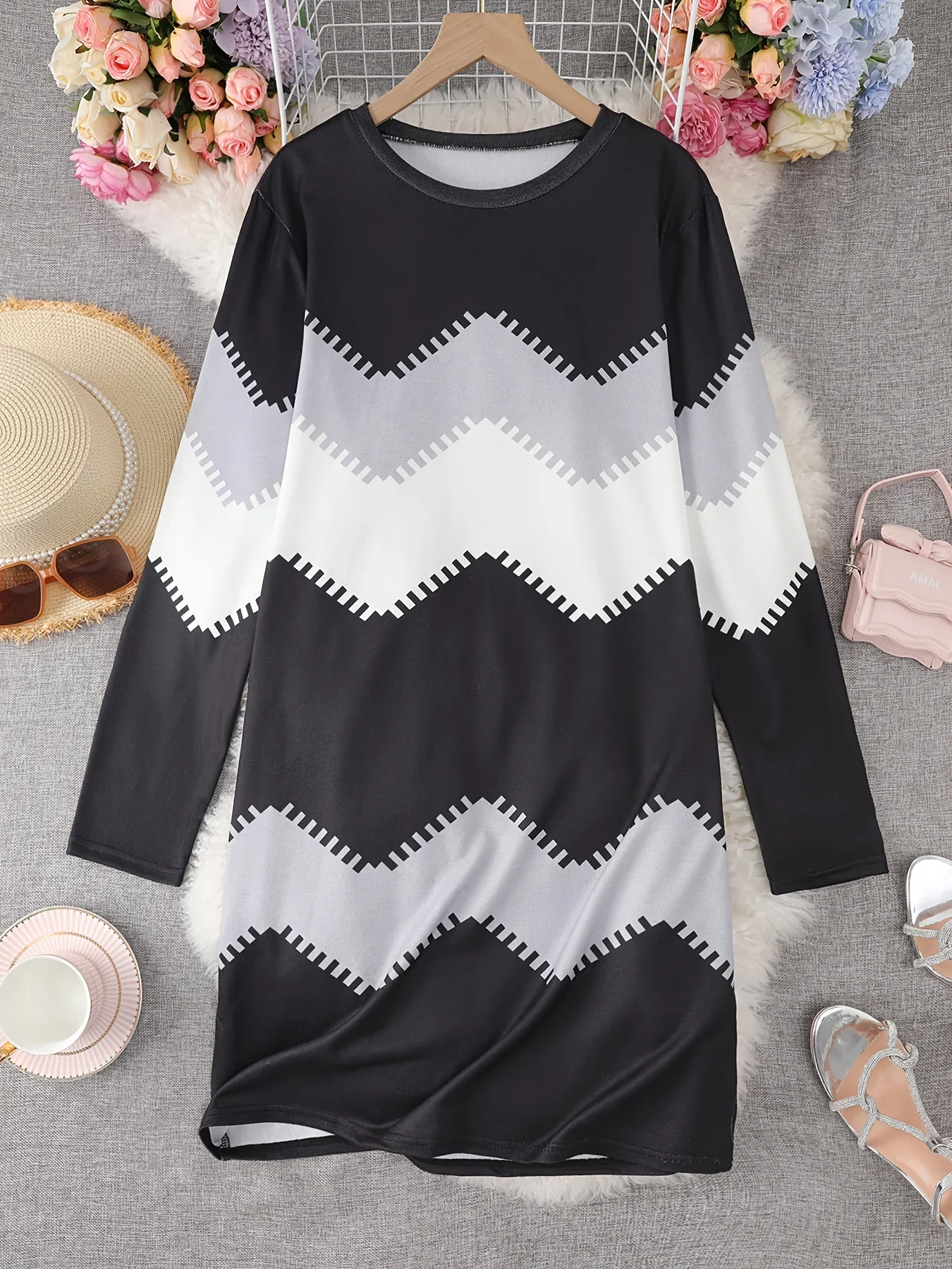 Women\'s Plus Size 1XL-5XL Fashion Long Sleeve O-neck Dress Ladies  Knitted Dress Casual Loose Pullover Dress