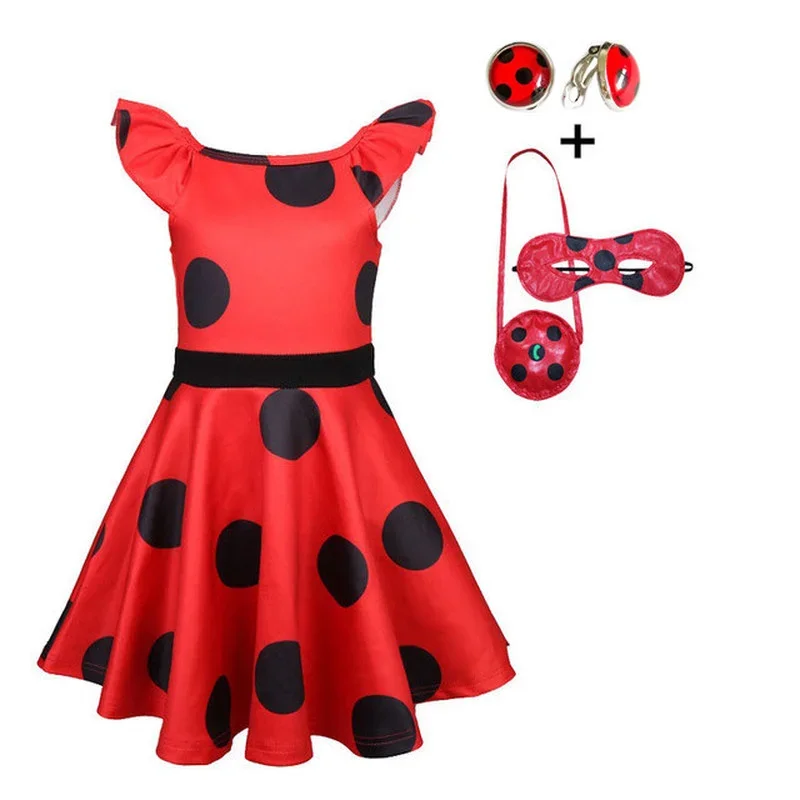 2024 Halloween Fantasia Red Circular Polka Dot Costumes Earring Kids Dress Justice Bug Cosplay Christmas Party Child Girls Suit