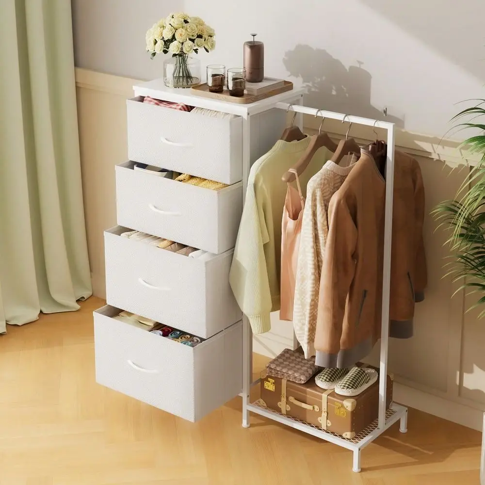 Dresser For Bedroom With 4 Fabric Drawers, Fabric Dressers Chest Of Drawers With Clothes Rack, Wooden Top, Grid Panel, Closet, - view 2