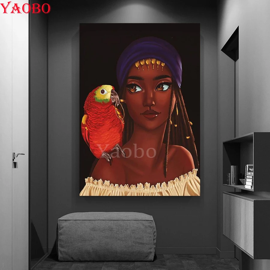 5D DIY Diamond embroidery African woman and red parrot Diamond painting cross-stitch diamond mosaic set home decoration