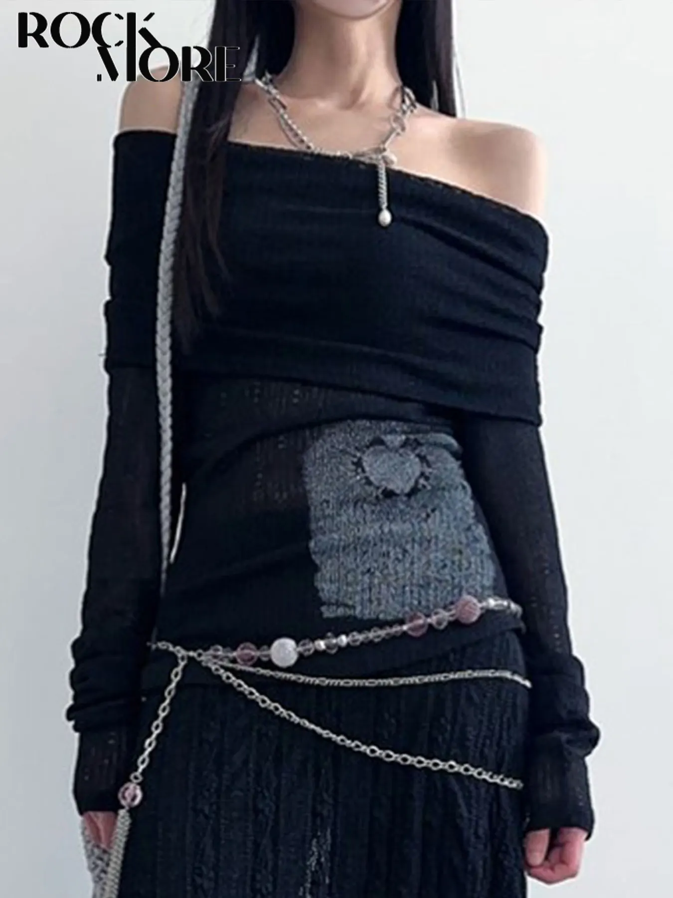 

Rockmore Chic Retro One-Shoulder Printed Top Slim Thin Long Sleeve T-shirt Vintage Streetwear Aesthetic Harajuku Casual Outfits