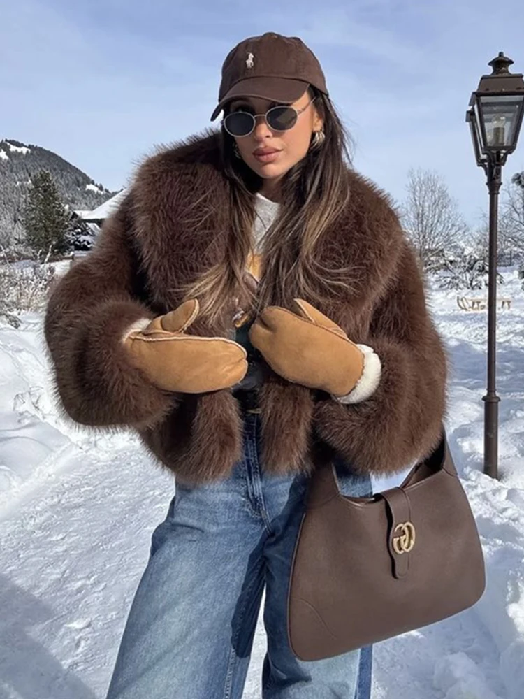 Zadorin casaco de pele sintética marrom, de alta qualidade, gola grande, solto, fofo, jaqueta de pele sintética, roupas de inverno, casaco de pele falsa