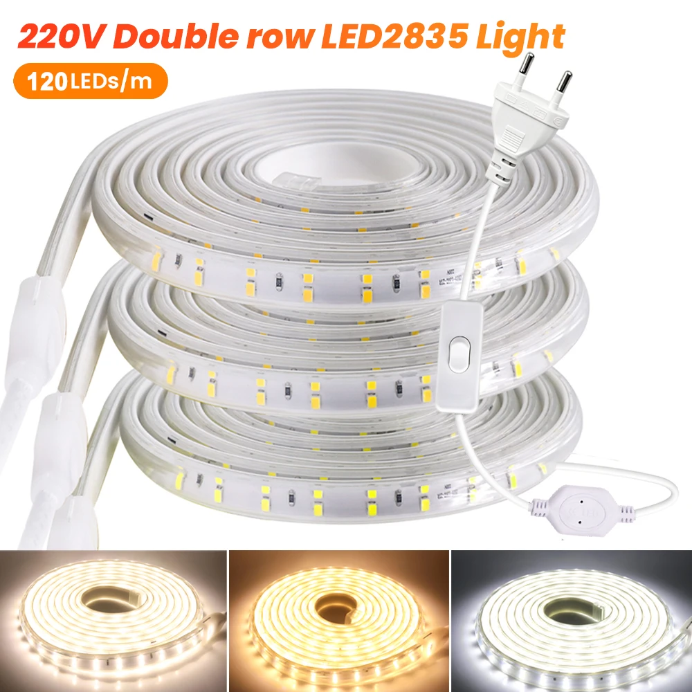 Double Row AC 220V LED Strip Light Bright 120LEDs/m With ON/OFF Switch Plug 1M 2M 3M 5M 10M 20M Warm Natural White Flexible Lamp
