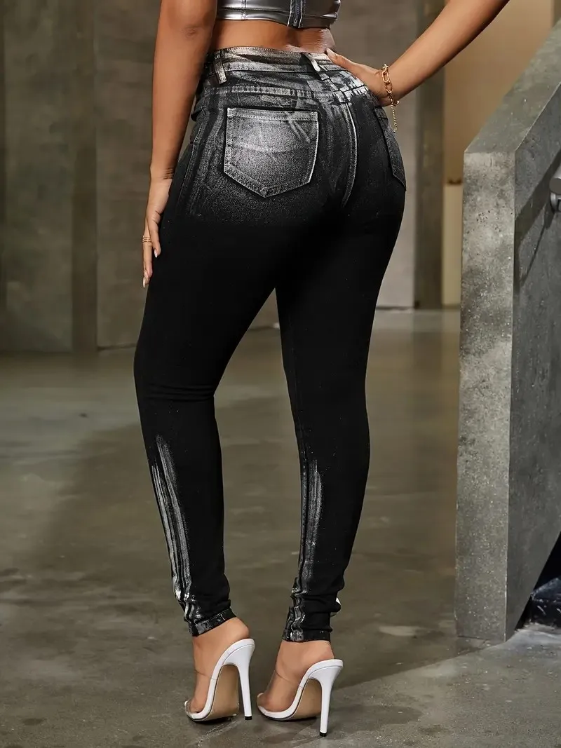 Jean noir classique élégant pour femmes, revêtement argenté, fesses fines extensibles et petits pieds, décontracté
